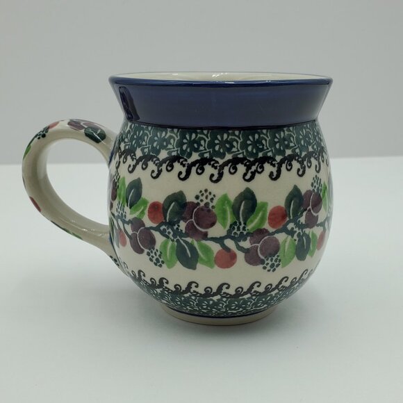 Polish Pottery Burgundy Berry Bubble Mug Purple Red Berries Green Accents - Picture 2 of 9